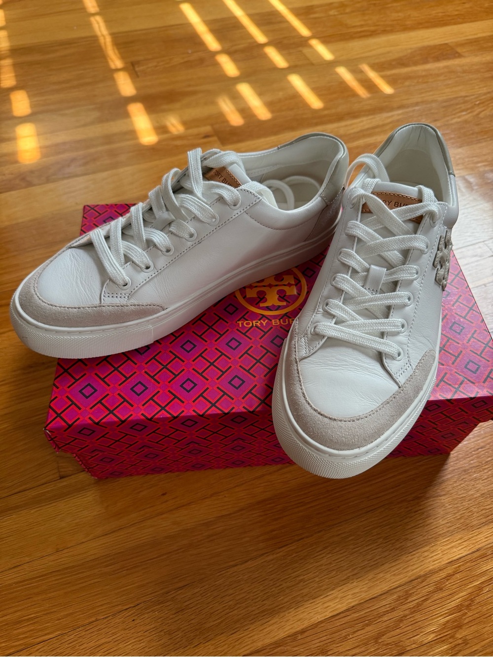 Tory Burch White Leather Sneakers with Light Beige Suede Accents
